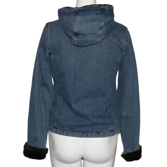Vintage LEE Hooded Denim Coat, YL, Blue, Brown Fuzzy lining, Zipper, Pockets - Picture 8 of 15